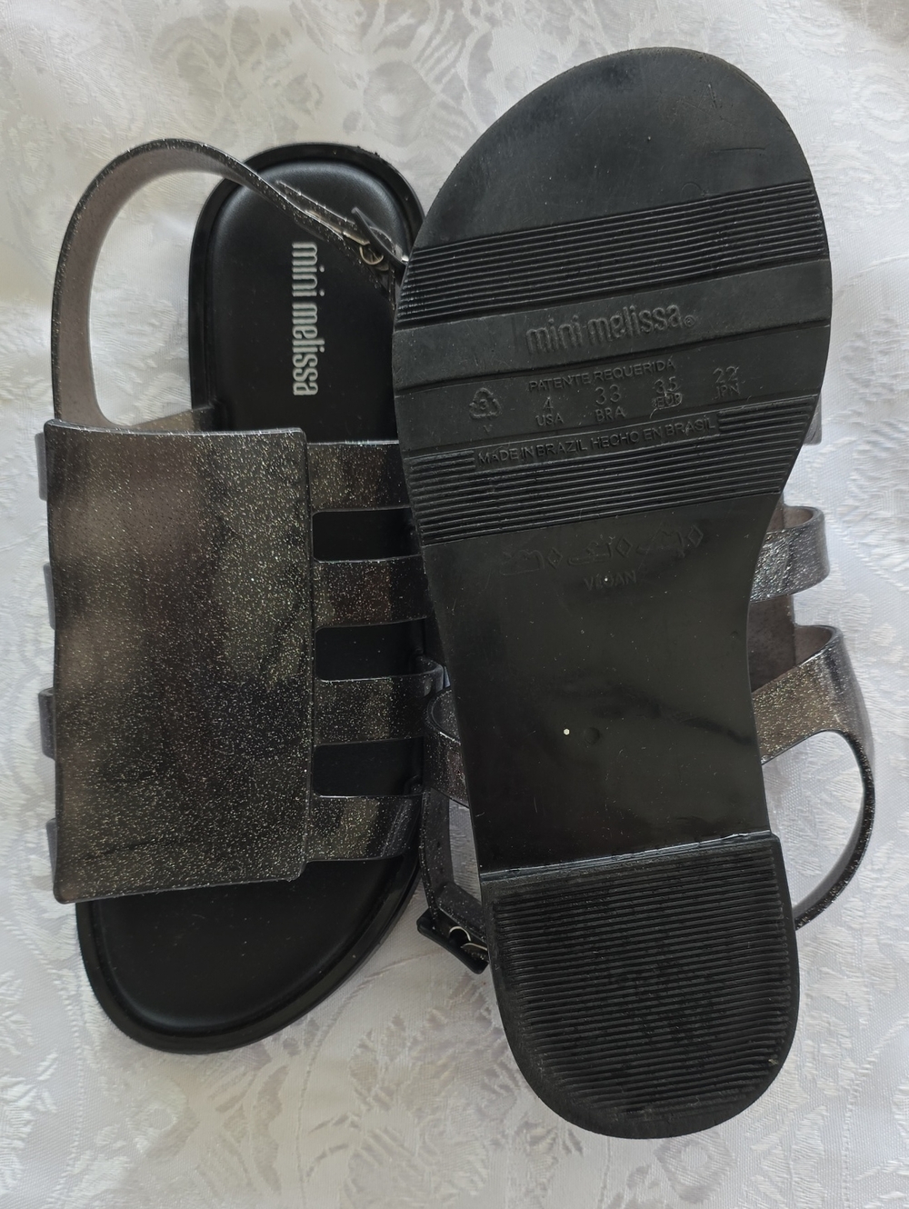 Mini Melissa Black Metallic Glitter Jelly Sandals